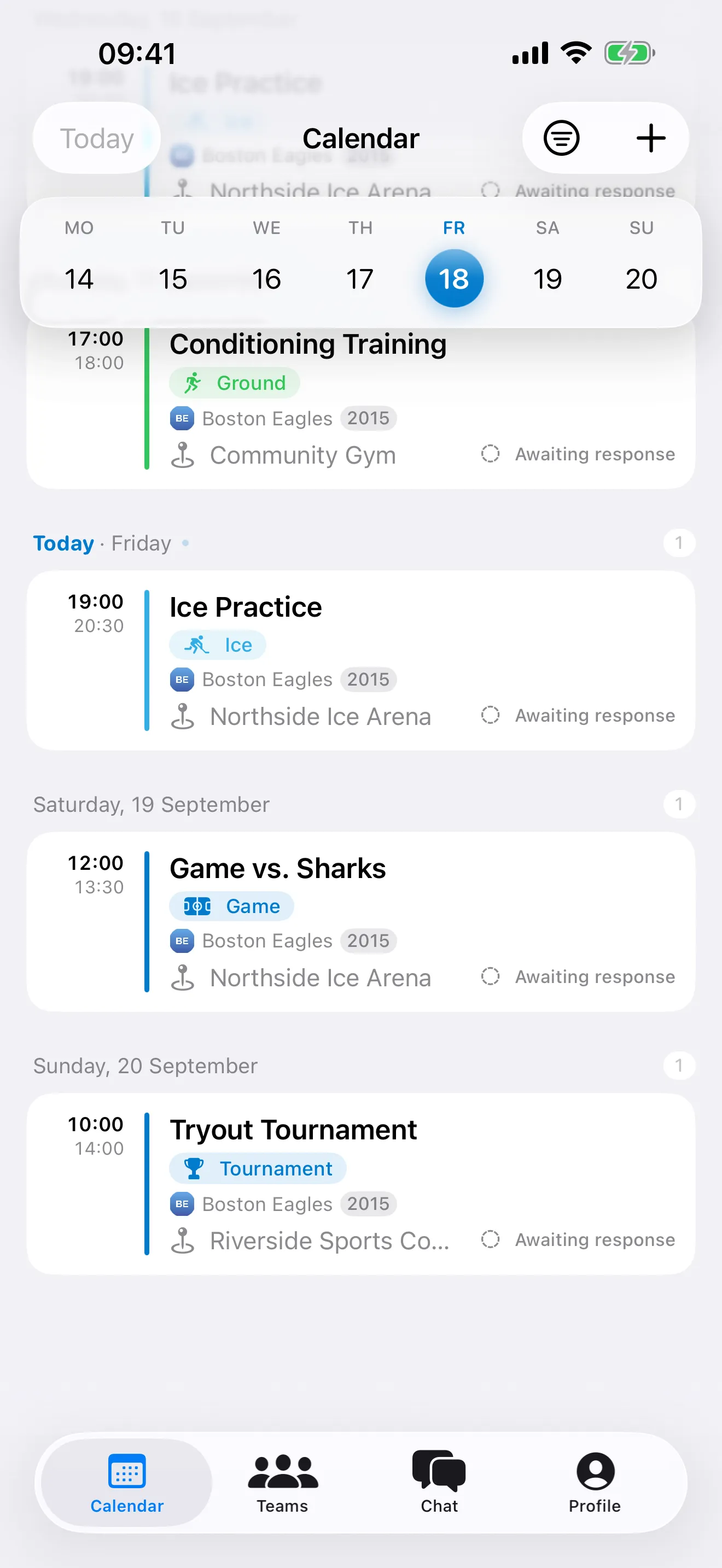 Calendar screen listing practices and games by day, each with time, team and venue