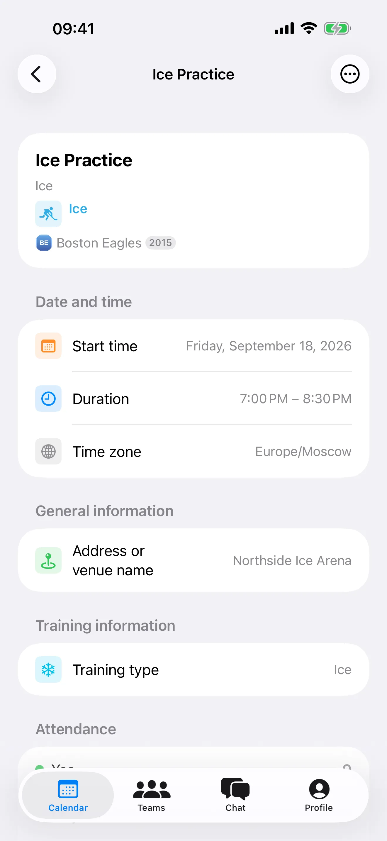 Event details screen showing date, duration, time zone, venue and training type