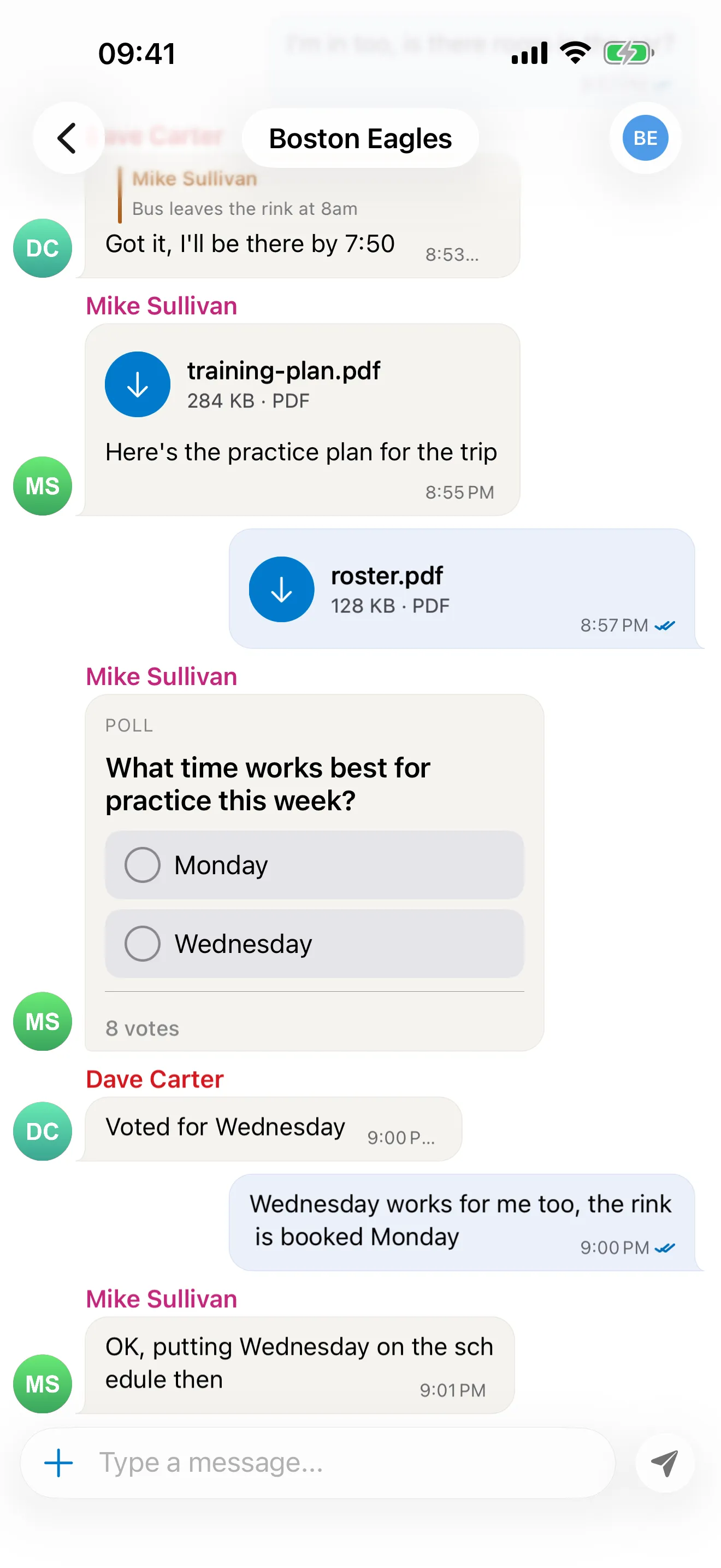 Team chat with shared files, a poll about training days and replies from players