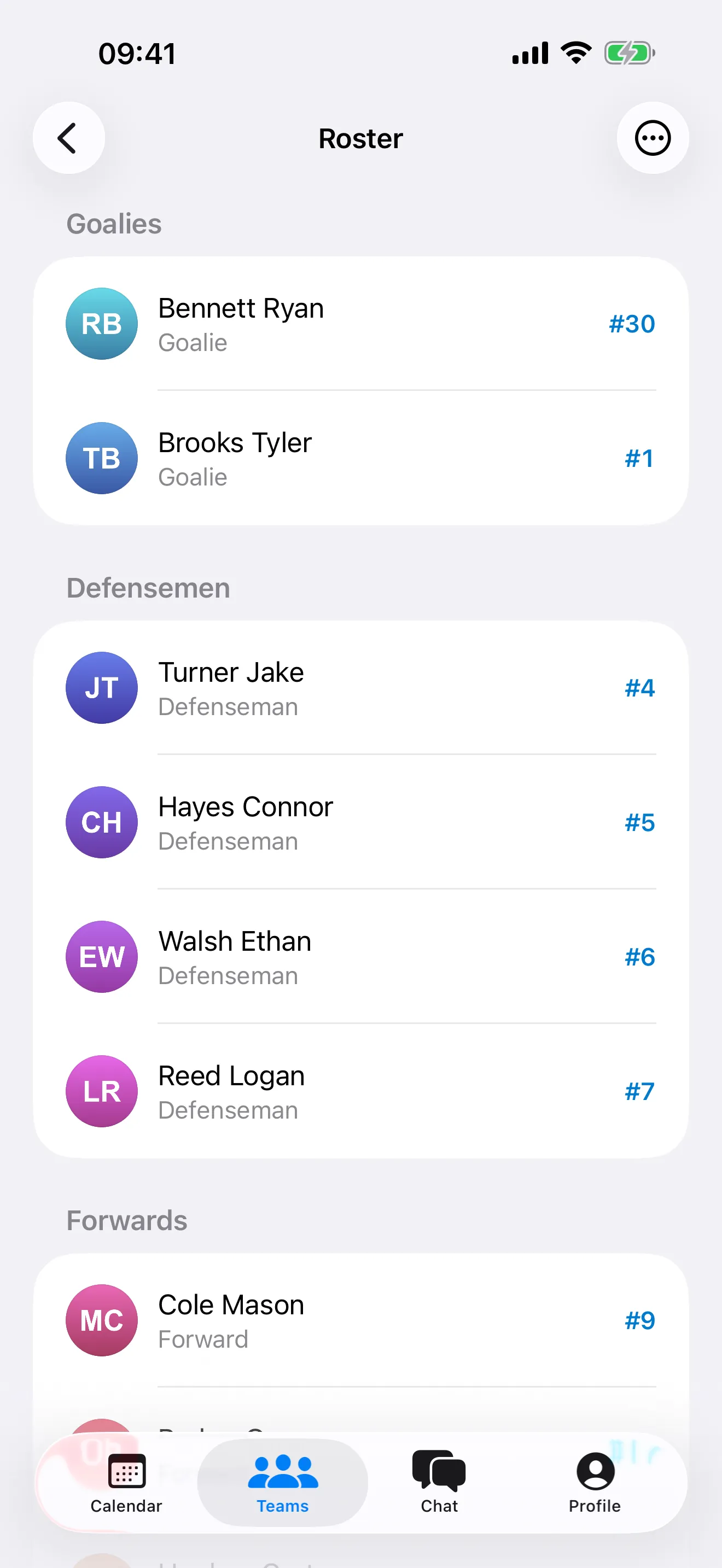 Team roster grouped into goalies, defensemen and forwards with jersey numbers